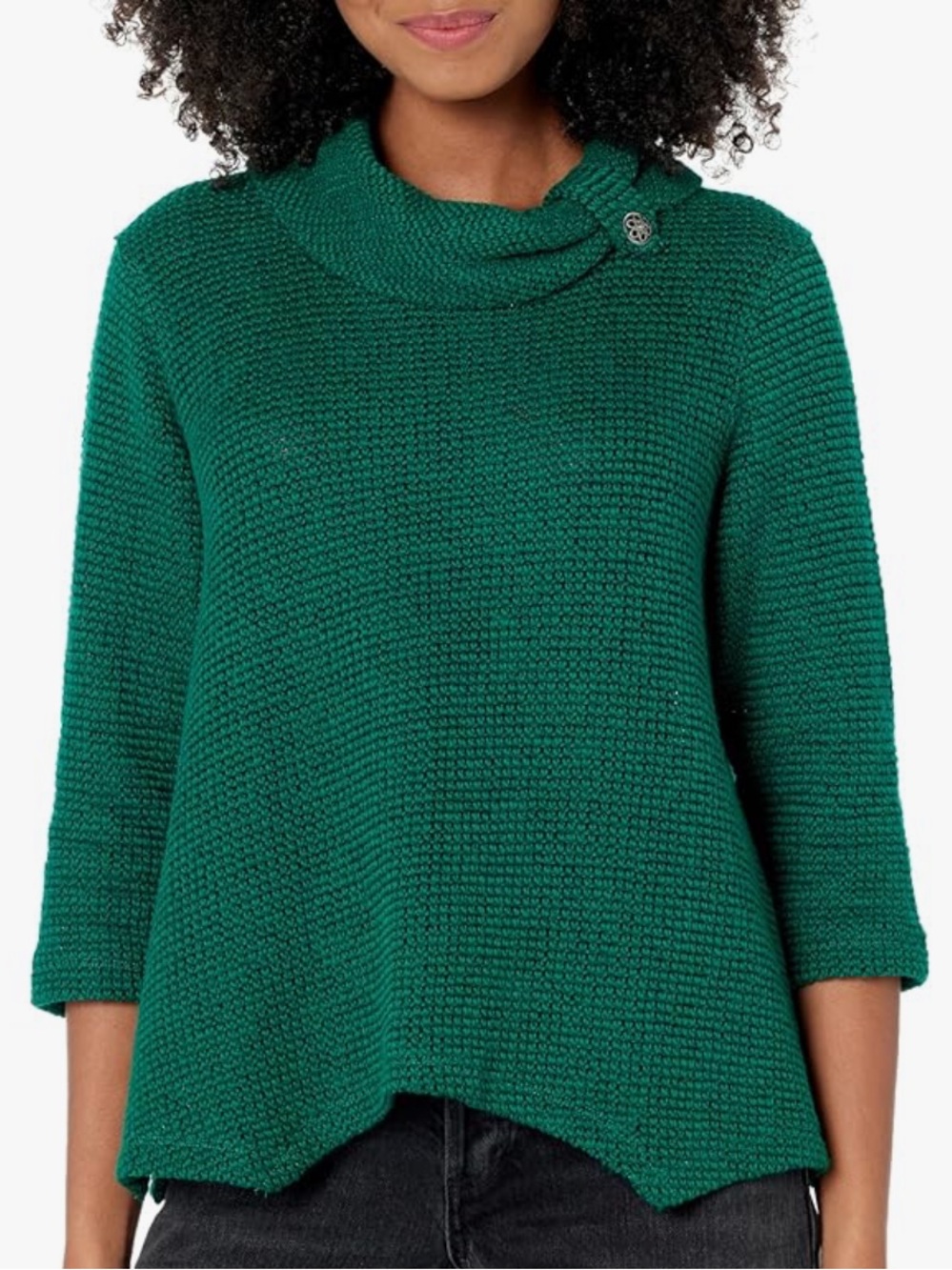 Cozy Cowl Neck Sharkbite Hem Button Tab Top Tunic Emerald Green Sweater Petite L
